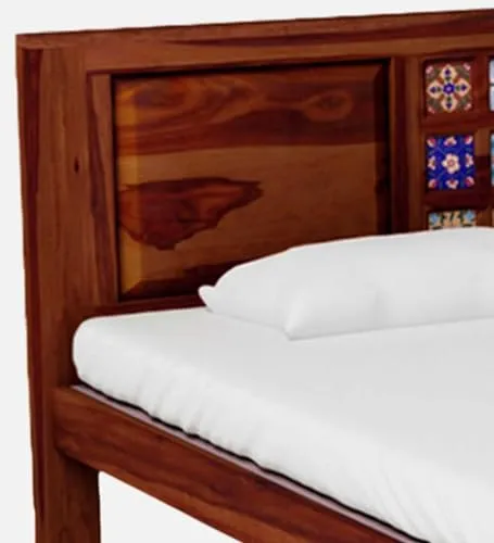 Tannu Handicraft Sheesham Wood Tile Bed, 189x213 CM Inner Size, 89 CM Height, Upholstered Cushion Headboard and Footboard, Natural Matte Finish, 1 Year Warranty